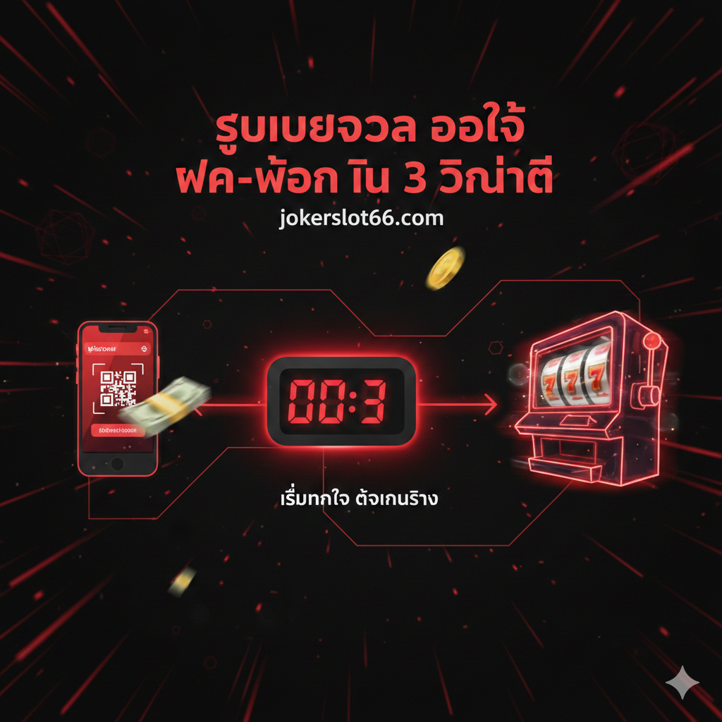 เน้นฟังก์ชัน 'Super Cool Auto ฝาก-ถอน ใน 3 วินาที' ด้วยตัวจับเวลา '00:03' และเงินที่เคลื่อนที่เร็ว เชื่อมโยงกับอินเทอร์เฟซการชำระเงินมือถือและเครื่องสล็อต โดยใช้สีแดง ดำ และทองเพื่อสื่อถึงความเร็วและเงิน