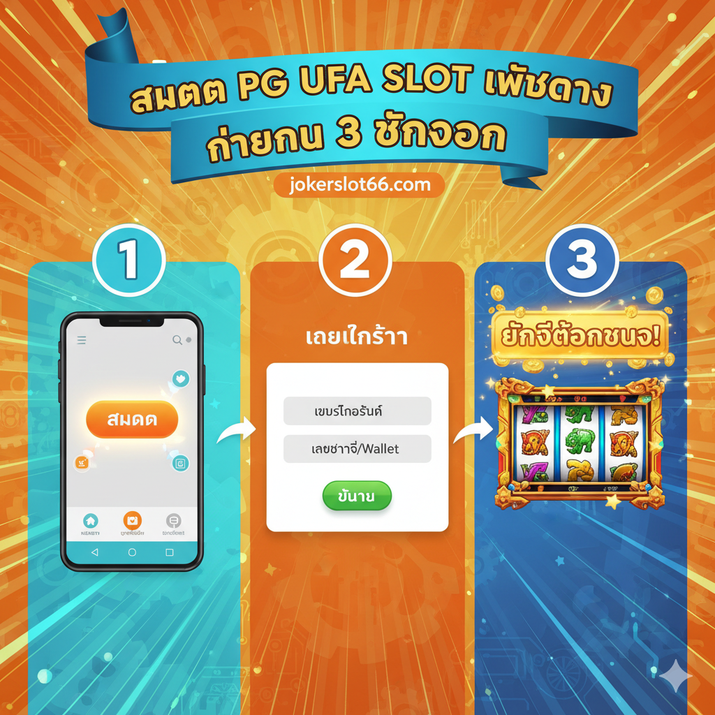 描绘"สมัคร PG UFA SLOT เว็บตรง ง่ายใน 3 ขั้นตอน (Register PG UFA Slot Web Direct Easy in 3 Steps)"的教程。采用信息图表风格,将画面清晰分割成三个编号的步骤 (1, 2, 3)。步骤1是一个手机,显示"Register"按钮;步骤2是表格输入框,显示手机号码和Wallet信息;步骤3是老虎机游戏画面和一个"Welcome"横幅。使用明亮的色彩(例如橙色、青色)และ粗体的泰语数字,确保教程的易读性和步骤的清晰度。整体感觉快速、简单、自动化。