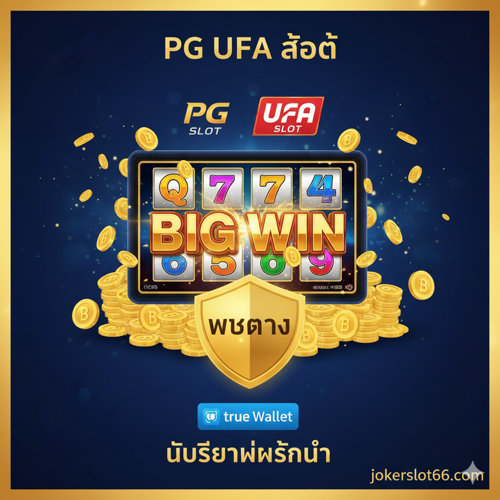 以深蓝色和金色为主色调，营造出高端、财富和信뢰的氛围。主视觉中心是一个巨大的、闪闪发光的PG Slot和UFA Slot的标志性老虎机界面融合体，显示着"BIG WIN"字样。周围环绕着硬币和泰铢符号，下方有一个醒目的True Wallet图标，上面覆盖着一个金色盾牌และ"เว็บตรง (Web Direct)"字样，强调文章关键词和核心卖点。整体构图动态，吸引眼球，象征财富爆发。