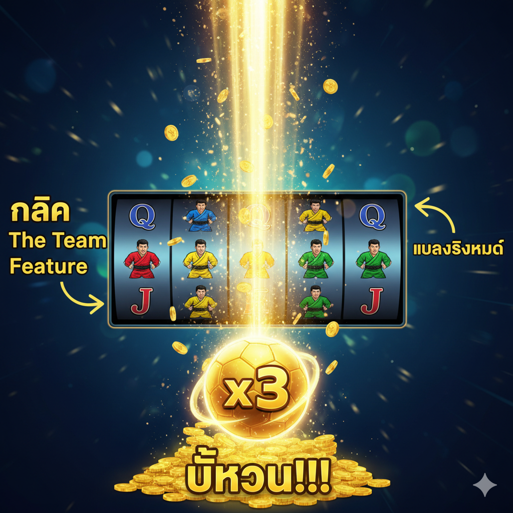设计一张展示游戏核心功能'The Team Feature'的图。图片中心聚焦于游戏界面的5x4转轴区域的特写截图或模拟图。重点突出第4行（或任何一行）上四个相同的队员符号被一个巨大的、闪耀着金色光芒的足球符号（或代表高价值Wild/Multiplier的符号）替换的过程。图的周围加入关键泰文标注：'กลไก The Team Feature'（The Team Feature 机制）和'แปลงสัญลักษณ์'（转换符号），用箭头和特效强调符号转换带来的Big Win潜力，背景色彩应与游戏主色调（蓝色/绿色）保持一致，强调机制的易于触发和高奖励性。