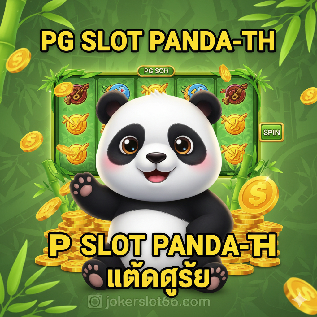 一张吸引ตา ตัวการ์ตูนหมีแพนด้าตัวใหญ่ล้อมรอบด้วยเหรียญทองคำและไม้ไผ่ พร้อมข้อความ PG SLOT PANDA-TH แตกง่าย และโลโก้ jokerslot66.com เน้นภาพ 3 มิติความคมชัดสูง