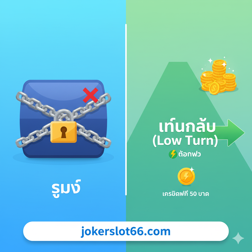 一张功能特性图,重点展示“PG Slot เทิร์นน้อย”และ“เครดิตฟรี”的概念。图片设计为一个对比鲜明的图标หรือ信息图表。左侧是一个巨大的、被锁住的链条หรือ障碍物(代表高เทิร์น),右侧是一个清晰的、เปิด...