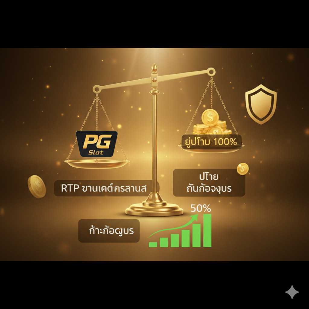 强调'优势'和'信誉'的图片，核心概念是'RTP มาตรฐานสากล'和'ไม่ล็อคยูส'。画面中心是一个平衡的天平，一侧是'PG Slot'的Logo，另一侧是金币和'100% FAIR'的泰文。背景是柔和的金色光芒，并有一面盾牌图标，象征安全和公正。天平下方有一个柱状图或饼图，用绿色突出高百分比，暗示高RTP（Return to Player）。整体构图稳定对称，色彩庄重可靠，传达出平台诚信和透明的优势。