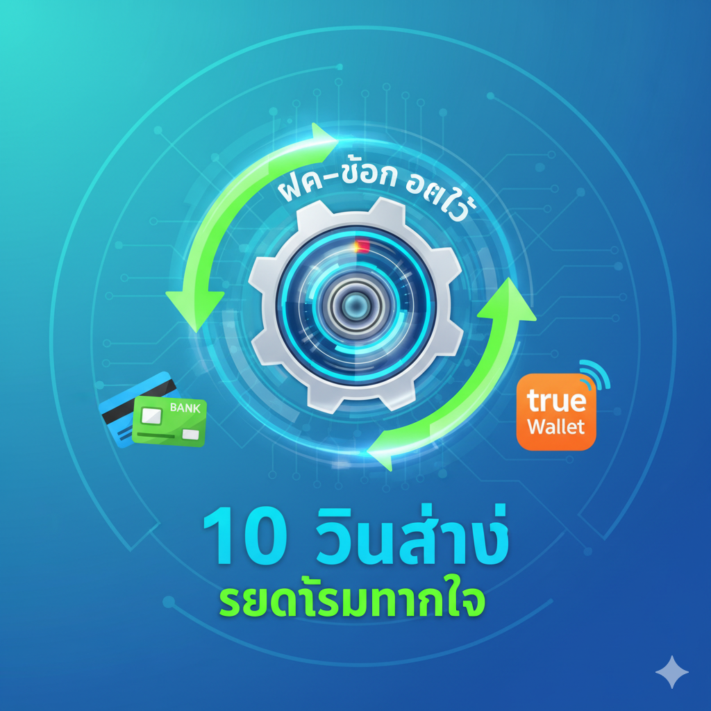 突出'ฝาก-ถอน ออโต้'（自动存取款）功能特性的功能图。画面核心是一个高速旋转的齿轮或计时器，旁边有两个并排的卡通银行卡图标和一个True Wallet图标，象征银行和电子钱包交易。齿轮下方应有文字'10 วินาที'（10秒）และ'รวดเร็วทันใจ'（快速及时）。色彩以科技蓝和亮绿色为主，体现高效和安全。整体风格简约现代，通过流动的箭头和光线强调交易流程的极速和自动化，清晰传達出系统的高效率。