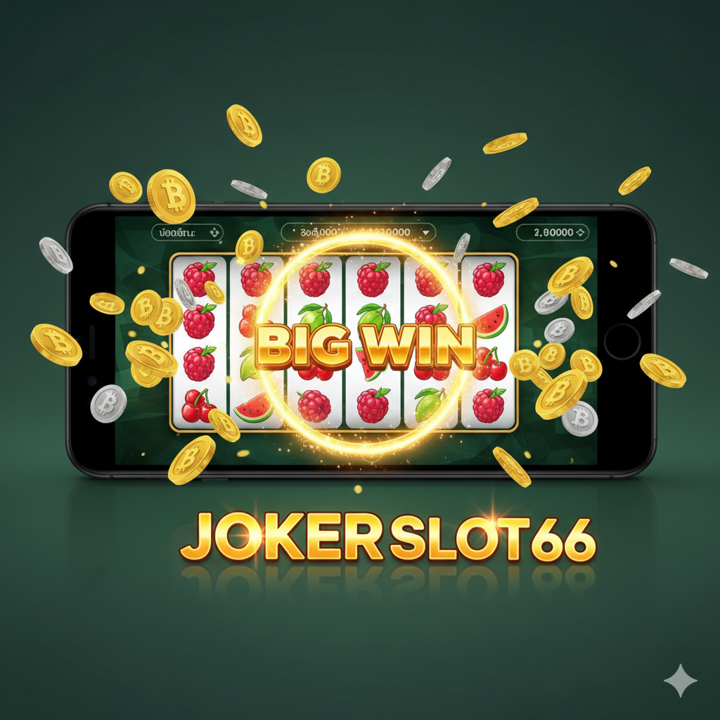 ภาพโคลสอัพของหน้าจอสมาร์ทโฟนหรือแท็บเล็ตในแนวนอนที่กำลังแสดงเกมสล็อตธีมผลไม้คลาสสิกอย่างชัดเจน (Fruit Slot) เน้นสีสันสดใสของผลไม้ เช่น ราสเบอร์รี (สีแดง), เชอร์รี่, และแตงโม ที่อยู่ในวงล้อ แสดงผลการชนะครั้งใหญ่ (Big Win) หรือสัญลักษณ์ JOKER ที่เรียงกันอยู่ มีเหรียญทองหรือเงินรางวัลดิจิทัลลอยอยู่รอบๆ หน้าจอโทรศัพท์ เพื่อเน้นย้ำถึงประสบการณ์การเล่นที่ง่าย สะดวก และทำเงินได้จริงบนมือถือจาก jokerslot66