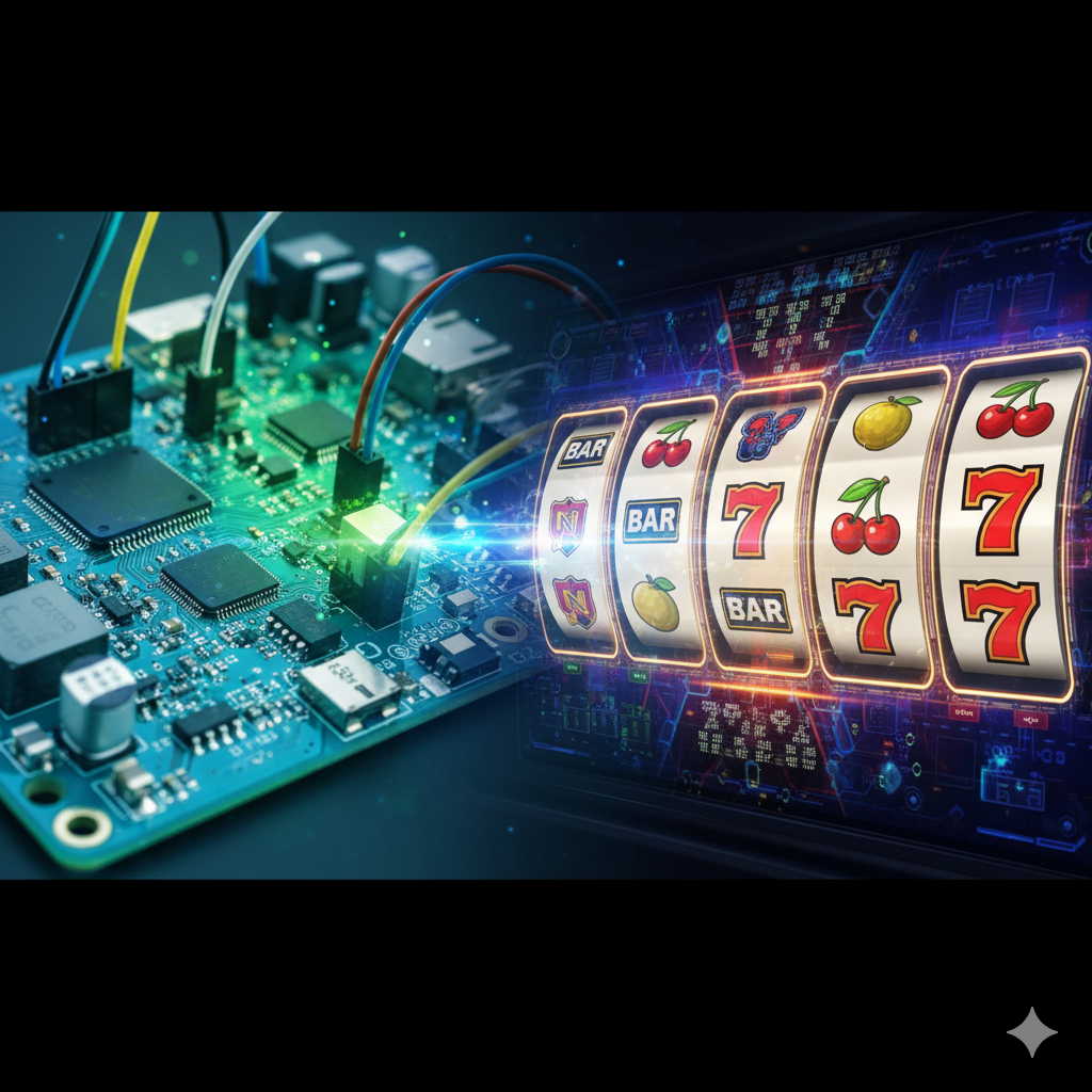 ภาพหน้าปกที่เชื่อมโยงเทคโนโลยี DIY และเกมสล็อตออนไลน์เข้าด้วยกัน ด้านซ้ายเป็นภาพองค์ประกอบของแผงวงจร Raspberry Pi (เน้นสีเขียว/ฟ้าของเทคโนโลยี) ที่มีสายไฟและชิป ส่วนด้านขวาและตรงกลางแสดงหน้าจอเกมสล็อตแบบคลาสสิกที่มีสัญลักษณ์ผลไม้ (เชอร์รี่, บาร์) และ 777 โดยมีแสงไฟดิจิทัลส่องประกายออกมาจากแผงวงจรเหล่านั้น ทำให้ดูเหมือนตู้สล็อตเสมือนจริงที่ถูกขับเคลื่อนด้วยเทคโนโลยี ภาพรวมให้ความรู้สึกถึงการเปลี่ยนผ่านจากโปรเจกต์ DIY ไปสู่การเล่นเกมออนไลน์ที่ทันสมัยและมีศักยภาพในการทำเงินจริง