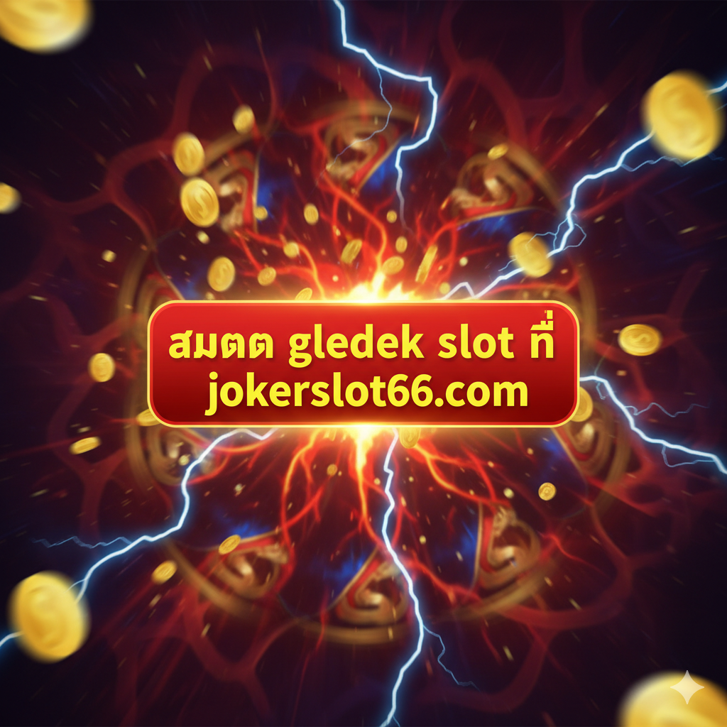 一张强有力的行动号召(CTA)总结图片。图片中心是一个巨大的、发光的泰语按钮,文字为“สมัคร gledek slot ที่ jokerslot66.com” (在 jokerslot66.com 注册 Gledek Slot)。背景是“Gledek Slot”游戏中赢取大奖的动态模糊画面,例如金币像火山一样爆发和闪电特效。构图简洁明了,所有视觉元素都指向中心的注册按钮,使用金色和红色等引人注目的颜色来激发玩家的注册冲动。