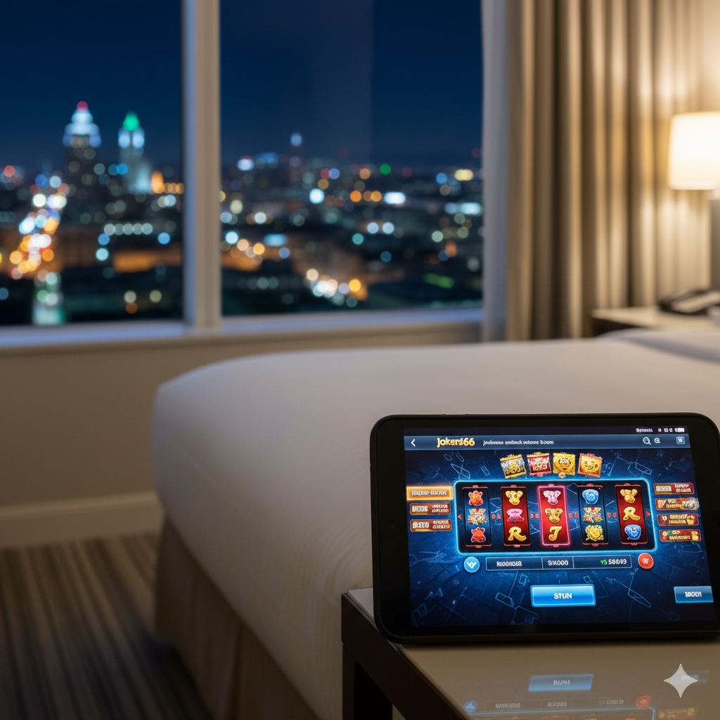 图片应描绘一个舒适的室内环境，例如高端酒店房间的一角（暗示在旧金山游玩时的休憩）。前景突出一部智能手机或平板电脑，屏幕上清晰显示 jokerslot66.com 的游戏界面，正在运行一个热门的老虎机游戏。背景是虚化的旧金山夜景，例如窗外灯火通明的街道。构图上，手机屏幕是视觉焦点，强调“在线玩”的便利性。风格应是现代、奢华且私密的，色彩使用柔和的室内光线与屏幕的亮色形成对比，突出“随时随地，在酒店也能享受乐趣”的功能特性。