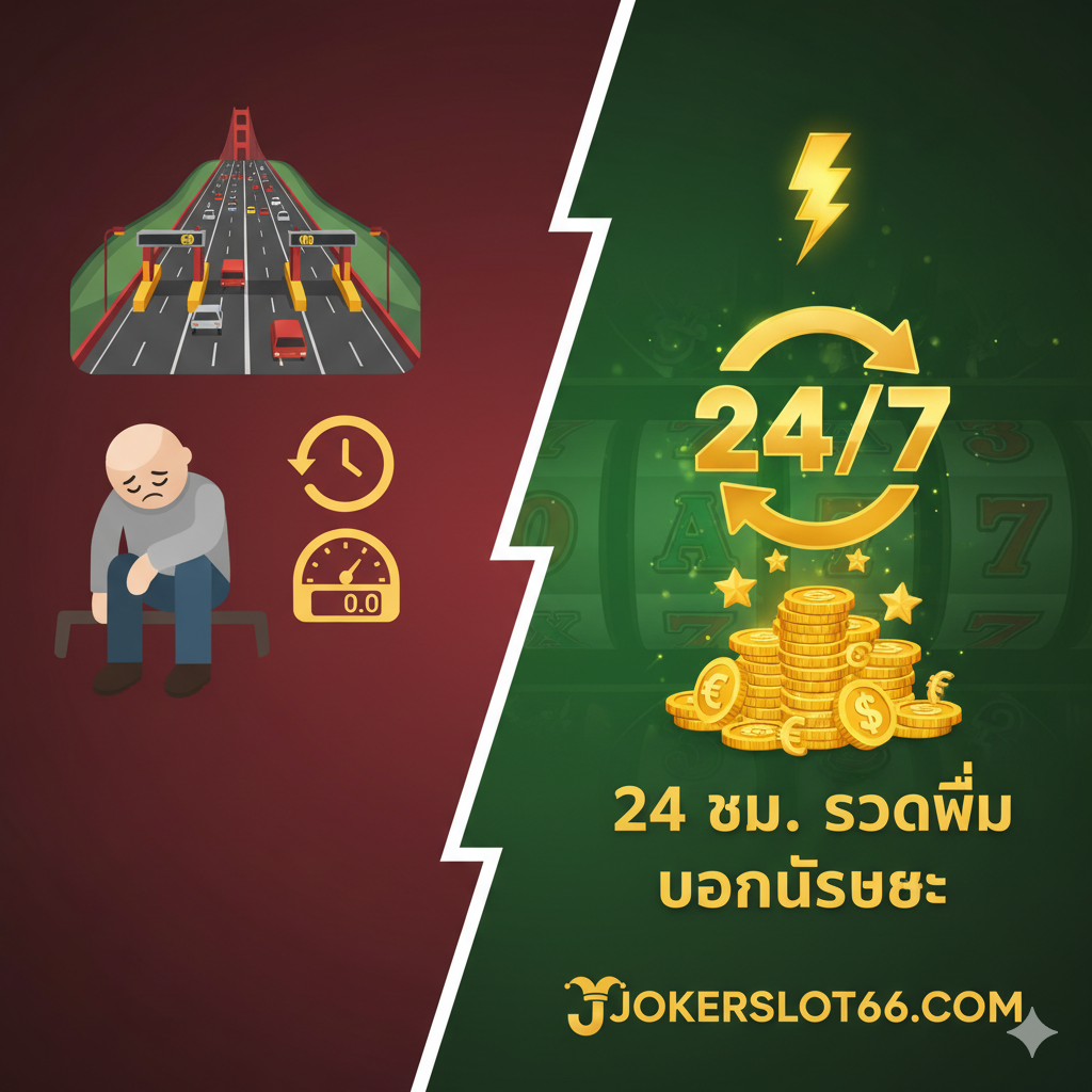 图片采用分割对比的构图来强调线上优势。左侧小图展示“去实体赌场”的场景：拥挤的公路或收费站图标，以及一个疲惫的人影，配上一个时钟或里程表图标，象征“耗时耗力”。右侧大图展示“线上赌场”的优势：一个快速的闪电图标、一个24小时的符号（24/7），以及一堆金币/奖金符号，配上 jokerslot66.com 的标志，象征“24ชม. รวดเร็ว โบนัสเยอะ”。使用绿色和金色突出右侧的优势，红色和灰色突出左侧的劣势，形成强烈的视觉对比。