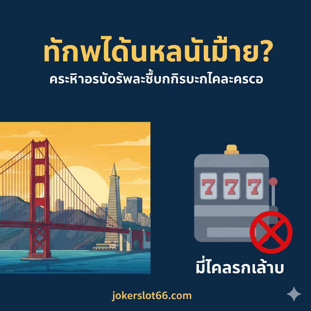 图片应以对比鲜ชัด的方式呈现。左侧是旧金山的标志性景观，如金门大桥（Golden Gate Bridge）或泛美金字塔（Transamerica Pyramid），以明亮的日景或黄昏景色为主，象征“旧金山城市”。右下角嵌入一个虚化的或风格化的老虎机（Slot Machine）图标，但上面有一个醒目的“X”符号或“No”的红色禁止标志，暗示“没有实体赌场”。整体风格应是信息图表（Infographic）式的，泰文标题（如：ทำไมถึงหาไม่เจอ?）可居中，色彩对比强烈，主色调使用代表城市的蓝色和金色，突出关键词“san francisco casinos slot machines”的矛盾点。