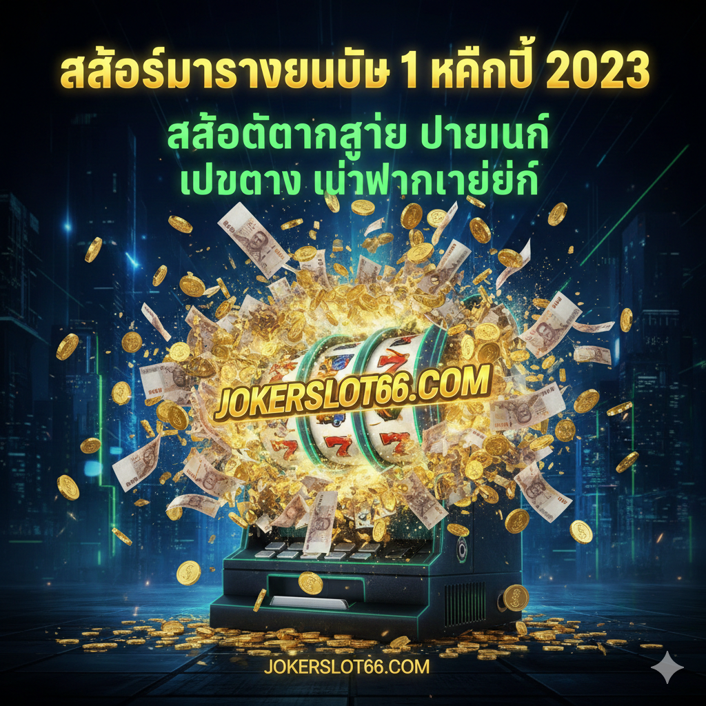 ออกแบบ一张高冲击力的封面图，主题是“Situs Slot Gacor Terbaru 2023”和“jokerslot66.com”。图片应采用深色、未来感的背景，使用霓虹灯或金色光芒突出核心文字。主要元素包括一个巨大的老虎机（Slot Machine）正在爆炸性地吐出金币和泰铢（Thai Baht）纸币，象征着“แตกง่าย”和“จ่ายหนัก”。在爆炸金币的中心，突出显示“jokerslot66.com”的Logo或网址。色彩以金色、深蓝和霓虹绿为主，风格应是动感、奢华且高度吸引人眼球。
