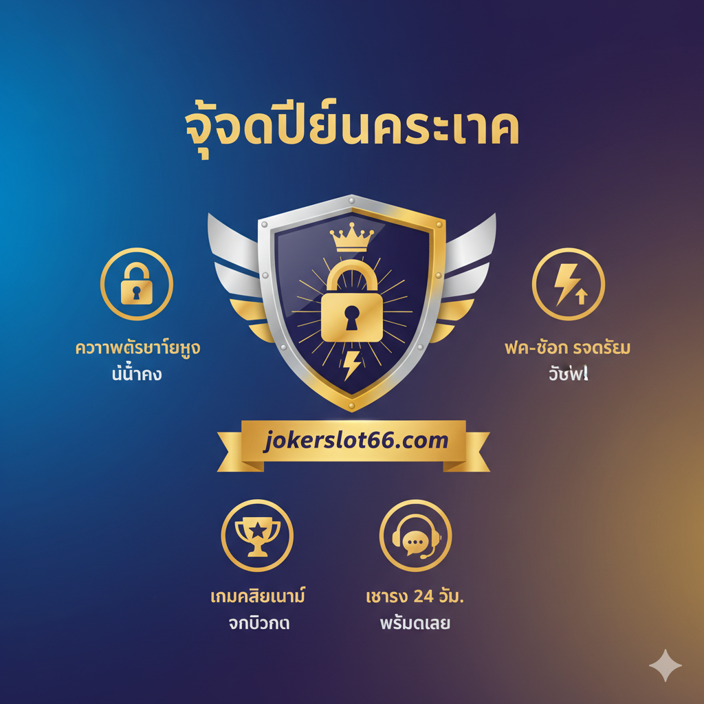 优势图着重展示jokerslot66.com的可靠性。画面中心是一个盾牌标志,上面有'TERPERCAYA'的字样。围绕盾牌是四个关键的优势小图标:一个锁头(安全性)、一个闪电(ฝาก-ถอนรวดเร็ว/快速交易)、一个奖杯(游戏多样性/Game Terlengkap)和一个客服耳机(Layanan 24 Jam/24小时服务)。图片背景可以采用渐变色,并配上泰语和印尼语的关键优势词汇,强化其国际化和专业性,传达出稳固和信赖的感觉。