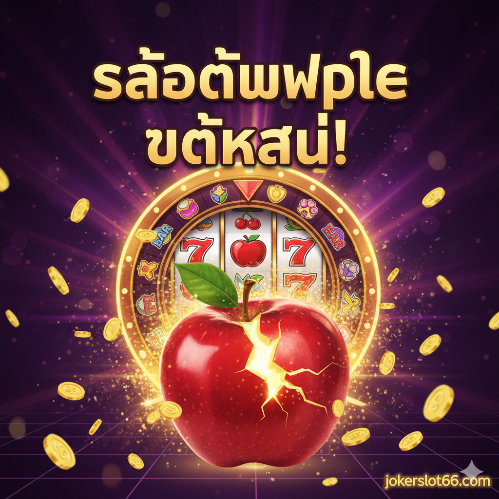 ออกแบบภาพเพื่อใช้เป็นภาพหน้าปกบทความสล็อตแอปเปิ้ล (slot apple) สไตล์นีออนเรโทรสีม่วง-ทองเข้มเป็นหลัก องค์ประกอบหลักคือสัญลักษณ์สล็อตคลาสสิก: แอปเปิ้ลสีแดงสดใสขนาดใหญ่พร้อมประกายแสง (glow effect) และวงล้อสล็อตทองคำอยู่ด้านหลัง แอปเปิ้ลควรมีรอยแตกหรือแสงวาบบ่งบอกถึง 'แตกง่าย' (Easy Break) พร้อมข้อความหลักภาษาไทยว่า 'สล็อตแอปเปิ้ล แตกง่าย!' และโลโก้ jokerslot66.com ขนาดเล็กที่มุมล่างขวา เน้นความตื่นเต้นและรางวัลใหญ่ด้วยพื้นหลังที่เป็นแสงสว่างเจิดจ้าและเหรียญทองโปรยปราย