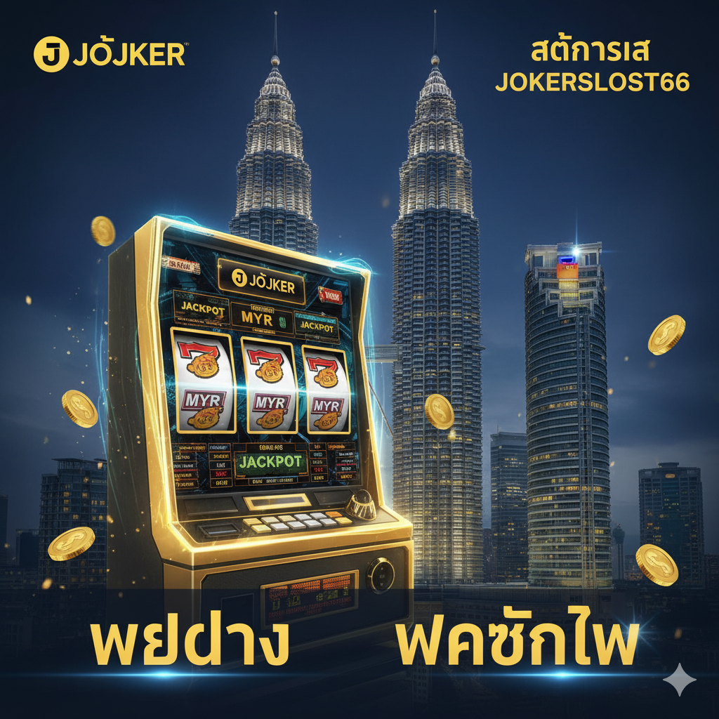 ภาพรวมของ Slot Malaysia และ Joker Slot 66 พร้อมพื้นหลังตึกแฝดมาเลเซีย ตู้สล็อตทองคำ โลโก้ Joker และสัญลักษณ์ MYR เน้นคำว่า เว็บตรง และ ฝากถอนไว