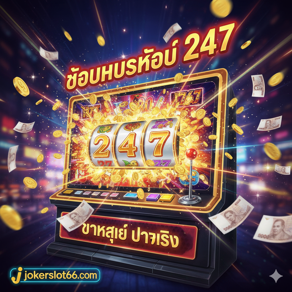 ภาพปกที่มีความหรูหราและน่าตื่นเต้น สไตล์นีออนผสมผสานกับความรู้สึกระดับพรีเมียม สีหลักคือสีทอง สีแดง และสีน้ำเงินเข้ม แสดงผลหน้าจอเครื่องสล็อตขนาดใหญ่ที่มีเลข '247' เป็นจุดเด่น และมีสัญลักษณ์แจ็คพอตแตกกระจายออกมาเป็นเหรียญทองคำหรือธนบัตรไทย มีโลโก้ 'jokerslot66' อยู่มุมใดมุมหนึ่งอย่างชัดเจน องค์ประกอบภาพเน้นความไดนามิก ชวนให้รู้สึกถึงความร่ำรวยและโอกาสในการชนะรางวัลใหญ่