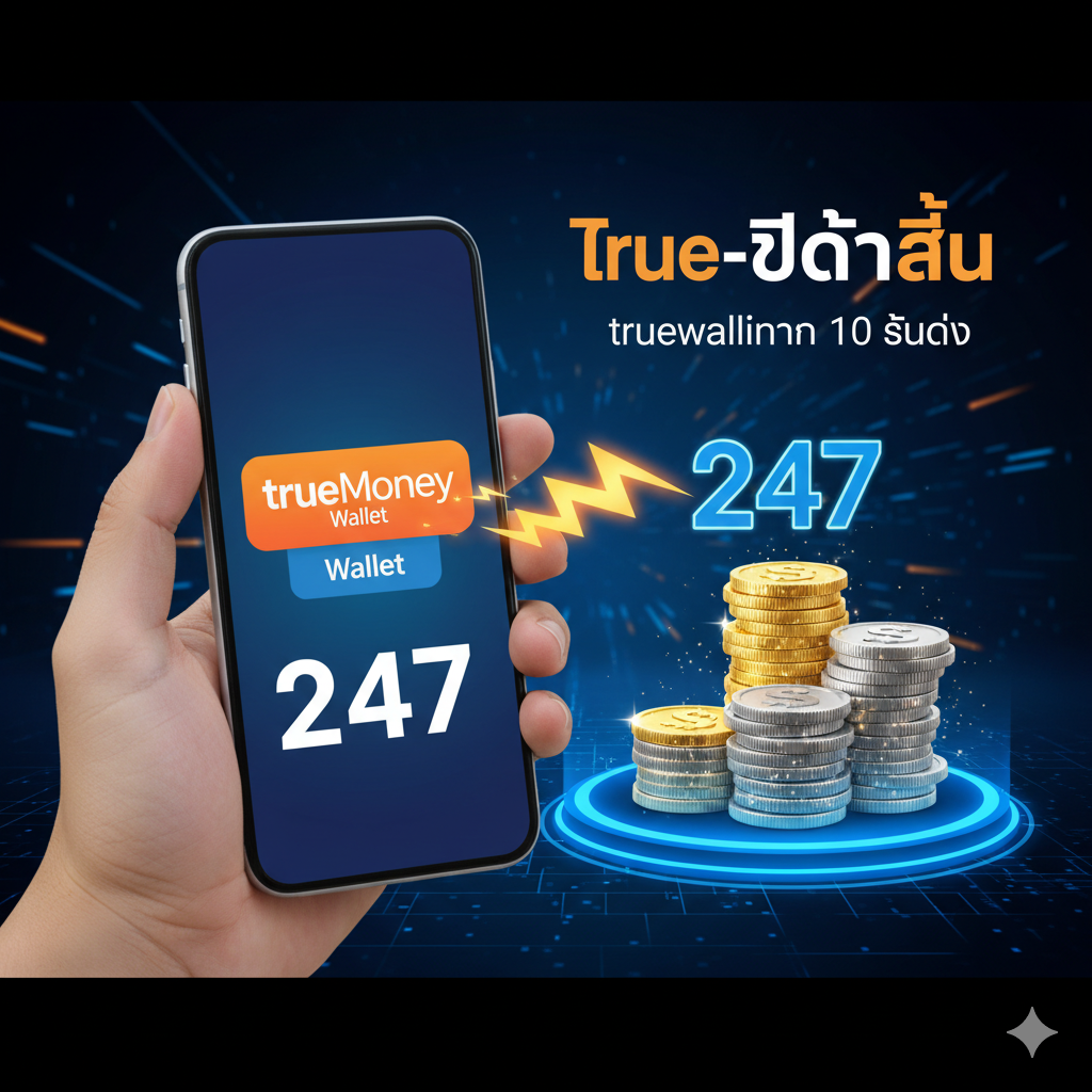 ภาพแสดงจุดเด่นของระบบฝาก-ถอนออโต้ผ่าน True Wallet เน้นความรวดเร็ว 10 วินาที องค์ประกอบหลักคือภาพมือที่กำลังถือโทรศัพท์มือถือแสดงแอปพลิเคชัน True Money Wallet และมีสัญลักษณ์ฟ้าผ่า (Lightning Bolt) หรือเข็มความเร็วพุ่งออกมาจากโทรศัพท์มุ่งไปยังกองเงินดิจิทัลหรือสัญลักษณ์ '247' ใช้สีน้ำเงิน ส้ม และขาวเป็นหลักตามสีของ True Wallet บนพื้นหลังสีเข้มเพื่อเน้นความเร็วและความทันสมัยของเทคโนโลยี