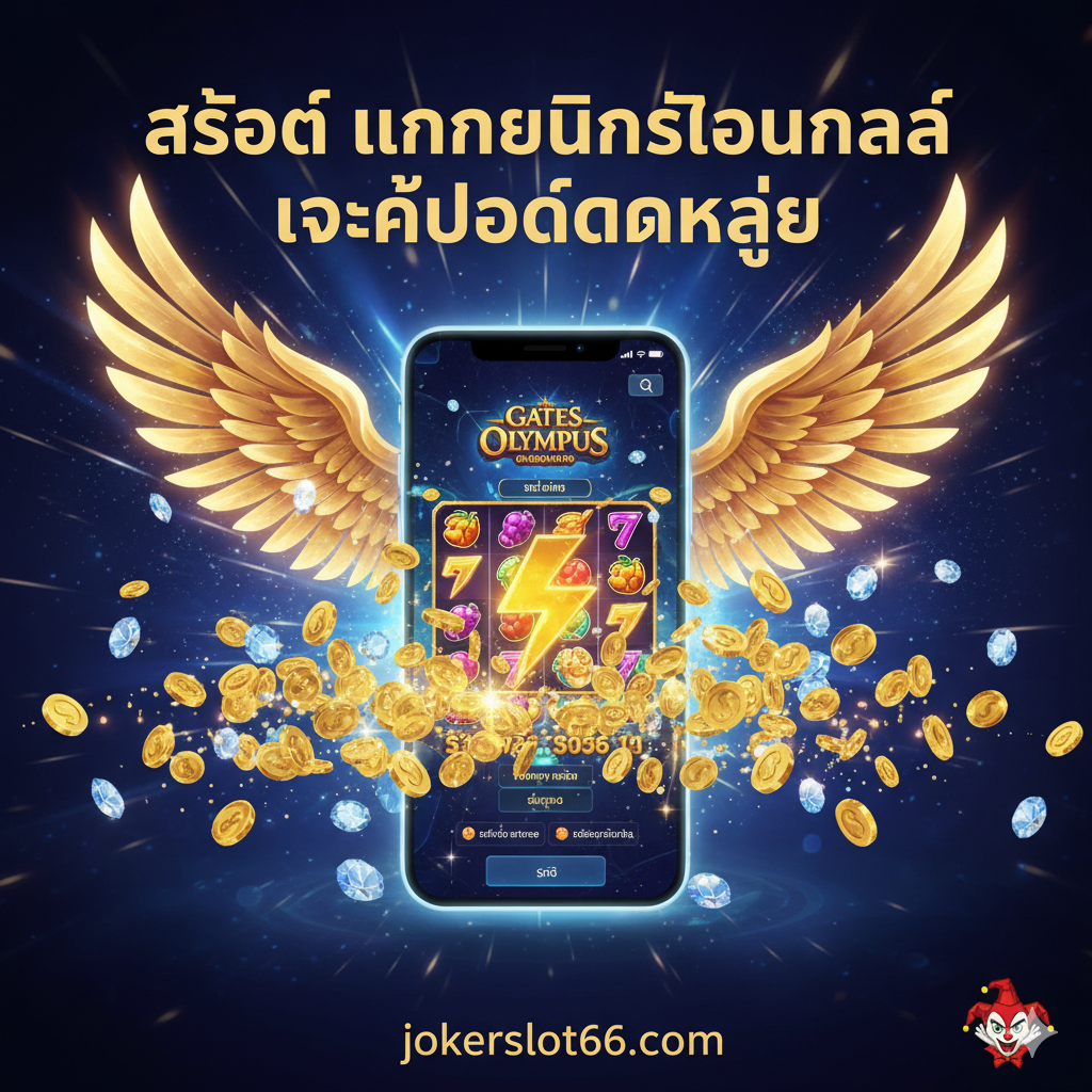 ภาพปกบทความที่สื่อถึงความร่ำรวยและระดับสากล องค์ประกอบหลักคือสัญลักษณ์ของชัยชนะในสล็อต เช่น เหรียญทองคำพุ่งออกมาจากหน้าจอโทรศัพท์มือถือที่แสดงอินเทอร์เฟซเกมสล็อตระดับพรีเมียม (เช่น เกมสไตล์ Gates of Olympus หรือ Sweet Bonanza ของ Pragmatic Play) พื้นหลังเป็นโทนสีน้ำเงินเข้มผสมม่วงที่มีประกายแสงระยิบระยับ (Glow effect) สื่อถึงความ 'Gacor' และหรูหรา มีคำว่า 'Slot Internasional Gacor' ขนาดใหญ่ที่ดูสะดุดตาพร้อมกับโลโก้เล็กๆ ของ 'jokerslot66.com' วางอยู่ด้านล่างอย่างแนบเนียนเพื่อเชื่อมโยงกับเว็บไซต์ เน้นการจัดวางแบบ Dynamic เพื่อดึงดูดสายตา