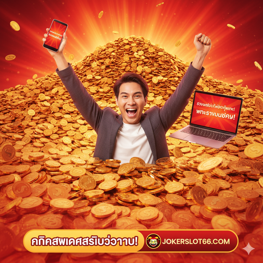 ภาพสรุปและกระตุ้นการตัดสินใจ (CTA) ภาพควรเป็นฉากที่ผู้เล่นกำลังยิ้มอย่างมีความสุขและชูมือขึ้นเหนือโทรศัพท์มือถือหรือแล็ปท็อปที่แสดงหน้าจอ 'Jackpot Winner' หรือ 'Big Win' บนพื้นหลังของกองเหรียญทองคำจำนวนมหาศาล (Pile of Gold Coins) ที่ท่วมท้น ใช้สีแดงหรือส้มสดใสเพื่อดึงดูดความสนใจ มีปุ่มหรือข้อความ CTA ขนาดใหญ่ที่เขียนว่า 'คลิกสมัครสมาชิกตอนนี้' หรือ 'PLAY NOW' พร้อมโลโก้ jokerslot66.com อยู่ในตำแหน่งที่ชัดเจน ภาพรวมดูทรงพลังและเร่งเร้า ชวนให้รู้สึกว่า 'โอกาสในการชนะที่แท้จริงอยู่ตรงหน้าแล้ว'