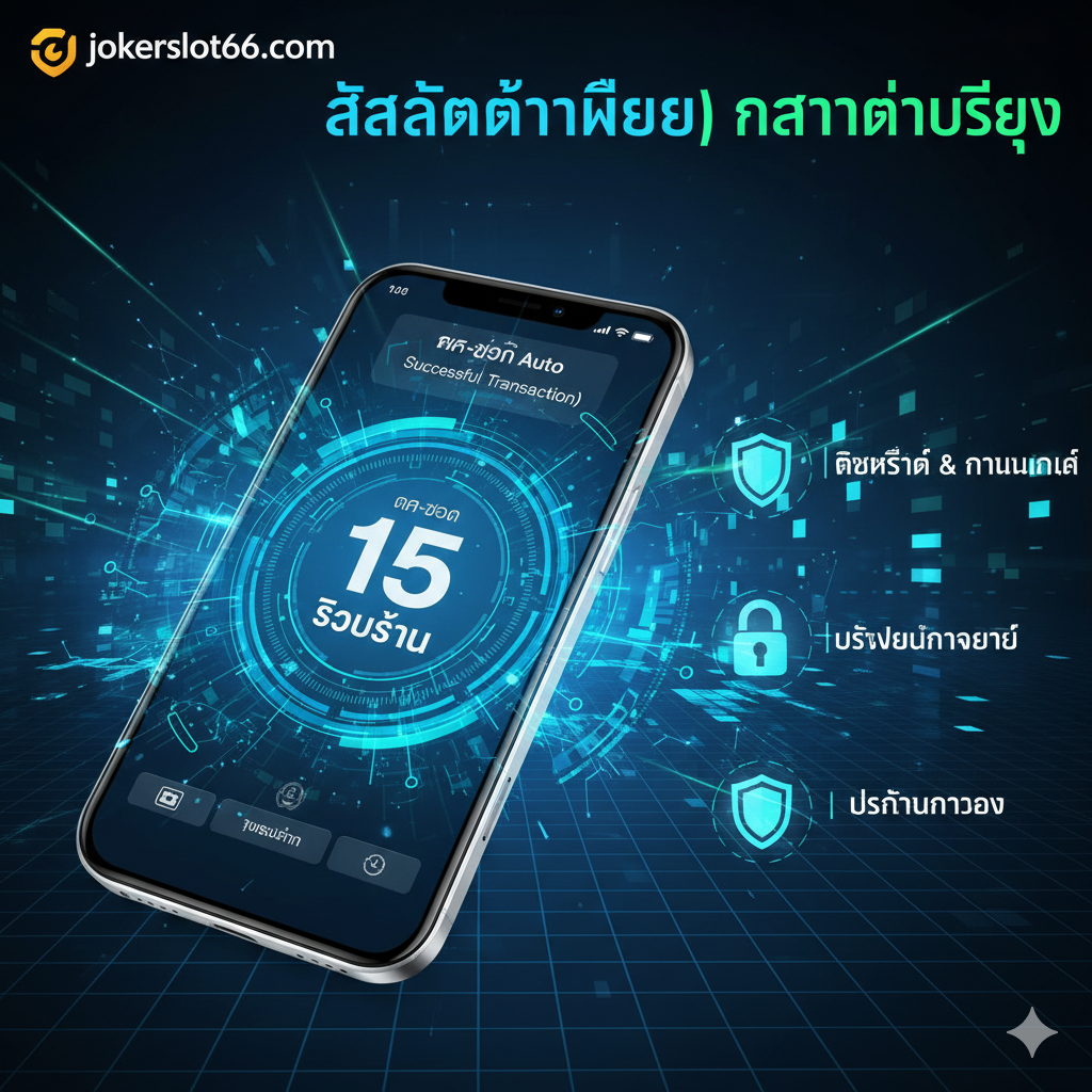 ภาพที่สื่อถึงข้อดีและระบบของ jokerslot66.com ที่เหนือกว่า ภาพควรเน้นไปที่ความรวดเร็วและความปลอดภัยของระบบ ควรมีภาพซ้อนทับของโทรศัพท์มือถือที่แสดงหน้าจอการทำธุรกรรม 'ฝาก-ถอน Auto' ที่สำเร็จ (Transaction Successful) พร้อมตัวเลข '15 วินาที' ขนาดใหญ่ล้อมรอบด้วยวงจรแสงสีฟ้าและเขียวที่รวดเร็ว (Speed Lines/Cyber Lines) สื่อถึงความเร็ว มีสัญลักษณ์โล่ (Shield Icon) และกุญแจล็อค (Lock Icon) ที่สว่างไสวอยู่ด้านข้างเพื่อเน้นย้ำเรื่อง 'License & Authority' และ 'Anti-Fraud' แสดงให้เห็นถึงความเชื่อมั่นในการเล่นกับ 'เว็บตรง' ที่ได้มาตรฐานสากล