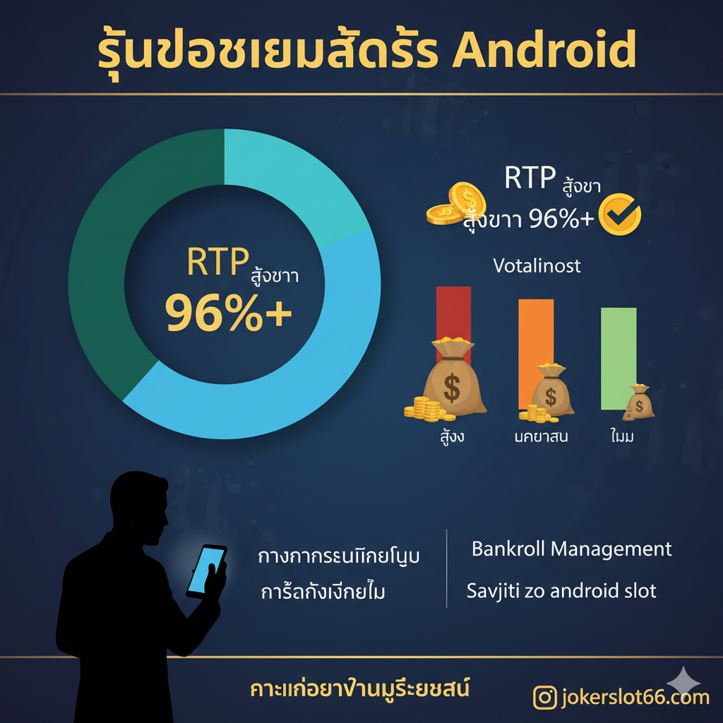 ภาพอินโฟกราฟิกที่เน้น RTP 96%+ และความผันผวนสูง กลาง ต่ำ รวมถึงภาพเงาของผู้เล่นที่กำลังใช้โทรศัพท์ Android เพื่อแสดงการจัดการ Bankroll และ Savjeti za android slot