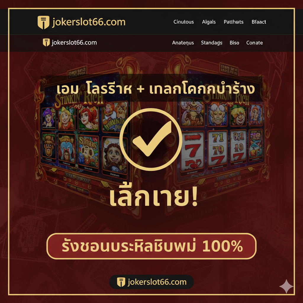 一张总结和号召行动的图片，以jokerslot66品牌为主导。画面中心是一个大大的“✅”符号และ“Play Now!” (เล่นเลย!) 的泰文口号。背景是一个Stinkin' Rich老虎机游戏画面与jokerslot66网站界面融合的抽象混合体，强调“经典游戏 + 稳定平台”。图片下方应有一行文字突出“รับโบนัสสมาชิกใหม่ 100%” (领取100%新会员奖金) และjokerslot66.com的网址。色彩应使用jokerslot66品牌常用的红金或黑金配色，风格现代且具有吸引力，用于文章结尾激发玩家的点击欲望。