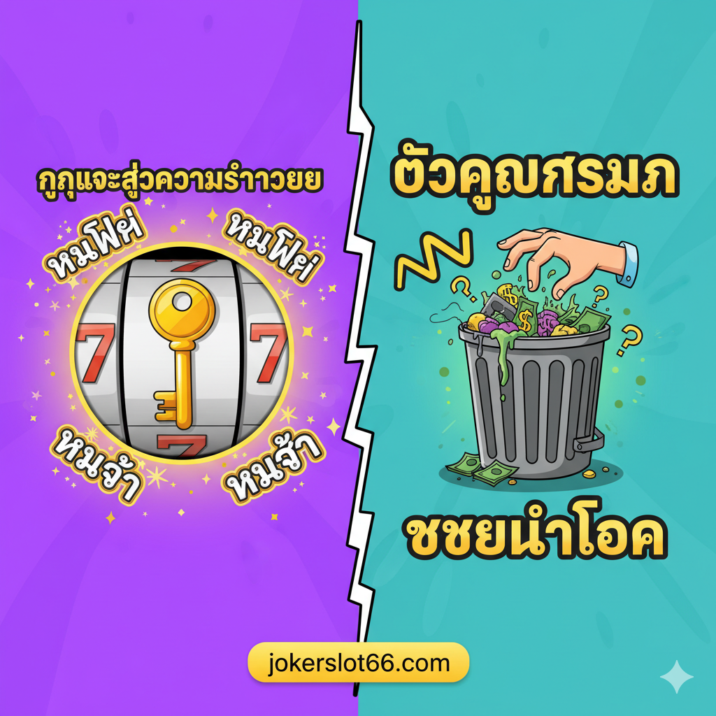 一张聚焦游戏Keys to RichesและTrash for Cash两大核心功能的插画。画面分为左右两部分或上下两部分。左侧展示Keys to Riches (金钥匙)符号出现在老虎机转轴上，周围有“Free Spins”และ“Re-trigger”的文字闪光效果，强调免费旋转。右侧展示Trash for Cash (臭垃圾桶)符号，一个手伸向垃圾桶选择的动作，上方有“Multiplier Prize”或“ตัวคูณรางวัล”的字样。整体采用明亮且充满活力的卡通风格，以泰语或英文突出功能名称和效果。构图清晰直观，使用箭头或分割线区分两个主要功能。