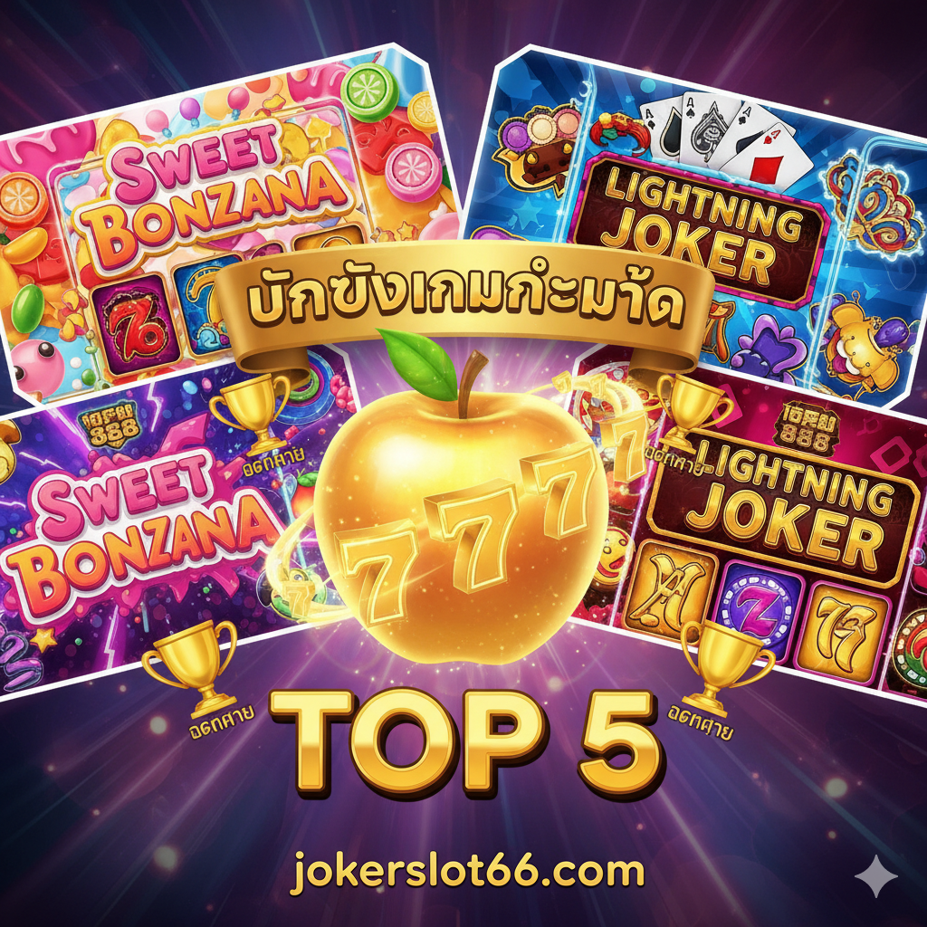 ภาพรวมเกมแนะนำ 5 อันดับแรก แสดงภาพกราฟิกจาก 3-4 เกมที่ถูกกล่าวถึง (Sweet Bonanza, Lightning Joker, Joker 888) จัดเรียงแบบ Collage ให้เห็นความหลากหลาย โดยมีผลแอปเปิ้ลหรือสัญลักษณ์ 777 คลาสสิกอยู่ตรงกลางเป็นจุดโฟกัส ใช้โทนสีหลากหลายตามสไตล์ของแต่ละเกมแต่รวมกันอย่างลงตัว มีป้าย 'TOP 5' หรือ 'อันดับเกมแนะนำ' สีทองเด่นชัด และไอคอนถ้วยรางวัล (Gold Trophies) แสดงถึงความสำเร็จและการันตีการ 'แตกง่าย' ภาพควรดูน่าตื่นเต้นและกระตุ้นความอยากลองเล่น
