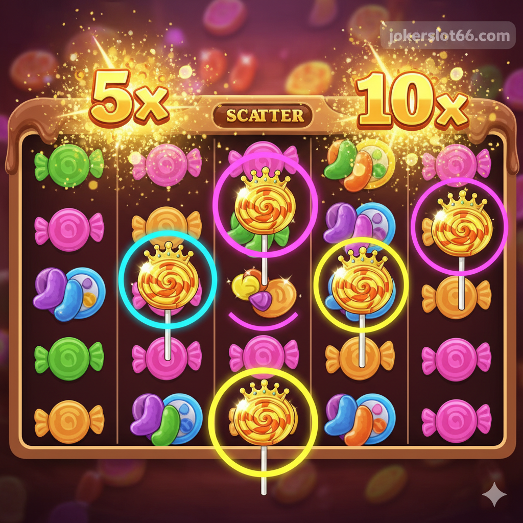 ภาพประกอบคำแนะนำวิธีเล่นและการเข้าถึงฟีเจอร์ฟรีสปิน แสดงหน้าจอเกม Sweet Powernudge ที่มีสัญลักษณ์ Scatter (เครื่องหมายกระจาย) 4 ตัวขึ้นไปปรากฏอยู่บนหน้าจอ เน้นกรอบสี่เหลี่ยมหรือวงกลมสีสดใสที่สัญลักษณ์ Scatter เหล่านั้นเพื่อดึงดูดสายตา พร้อมแสดงตัวคูณ (Multiplier) ที่ทำงานในรอบฟรีสปิน (เช่น ตัวเลข 5x หรือ 10x) โผล่ออกมาจากวงล้อ ภาพควรสื่อถึงความตื่นเต้นของการได้โบนัส และอาจมีโลโก้ jokerslot66.com อยู่ในมุมใดมุมหนึ่งอย่างแนบเนียนเพื่อเชื่อมโยงกับทางเข้าเล่นจริง