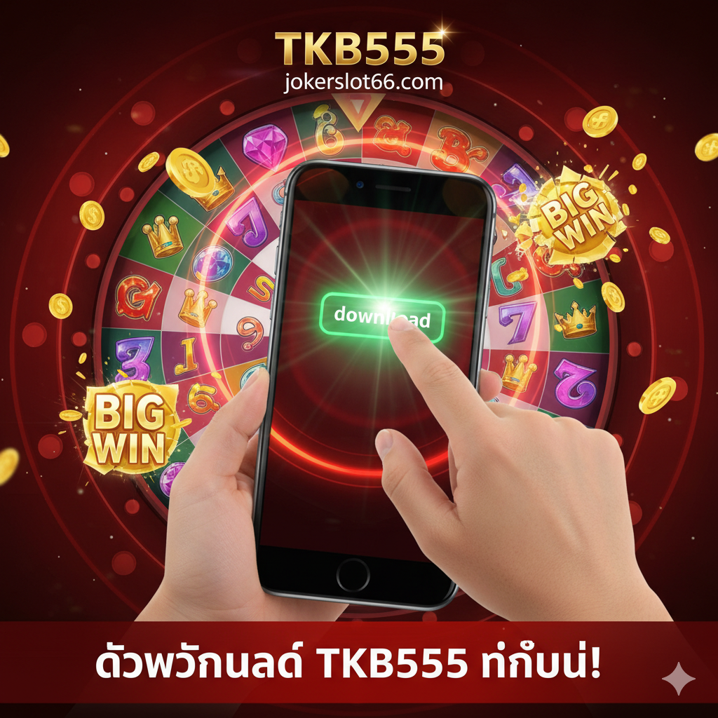 ภาพสรุปและกระตุ้นการตัดสินใจ (Call-to-Action) ภาพเป็นรูปมือที่กำลังกดปุ่ม 'ดาวน์โหลด' หรือ 'ติดตั้ง' บนหน้าจอสมาร์ทโฟน โดยมีแสงพุ่งออกมาจากปุ่มนั้น พื้นหลังเป็นภาพเกมสล็อตที่น่าตื่นเต้นและรางวัลแจ็คพอตที่กำลังแตก ใช้สีที่ให้ความรู้สึกเร่งด่วน เช่น สีแดงหรือสีเขียวนีออน พร้อมข้อความสุดท้ายที่เป็นการเชิญชวน 'ดาวน์โหลด TKB555 ทันที' เพื่อสร้างความกระตือรือร้นให้ผู้อ่านรีบคลิกเข้าสู่ลิงก์ดาวน์โหลดที่แนะนำ