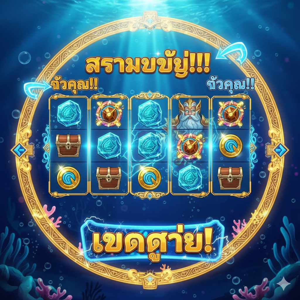 ออกแบบภาพที่มีพระราชวังใต้น้ำที่มีเสน่ห์ของแอตแลนติส รอบล้อมด้วยทองคำและอัญมณี พร้อมเน้นชื่อเกม 'Treasure of Atlantis Slot' และข้อความ 'แตกง่าย ล่าสุด' เป็นภาษาไทย พร้อมแบรนด์ 'jokerslot66'