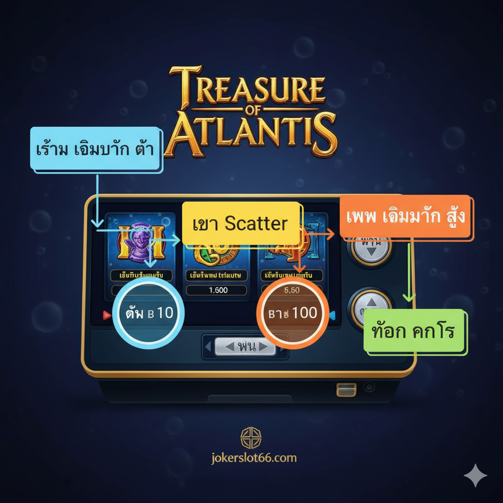 ภาพที่เน้นคุณสมบัติโบนัสและสัญลักษณ์ที่มีมูลค่าสูงของเกม Treasure of Atlantis Slot เช่น Free Spins, Scatter และ Wild