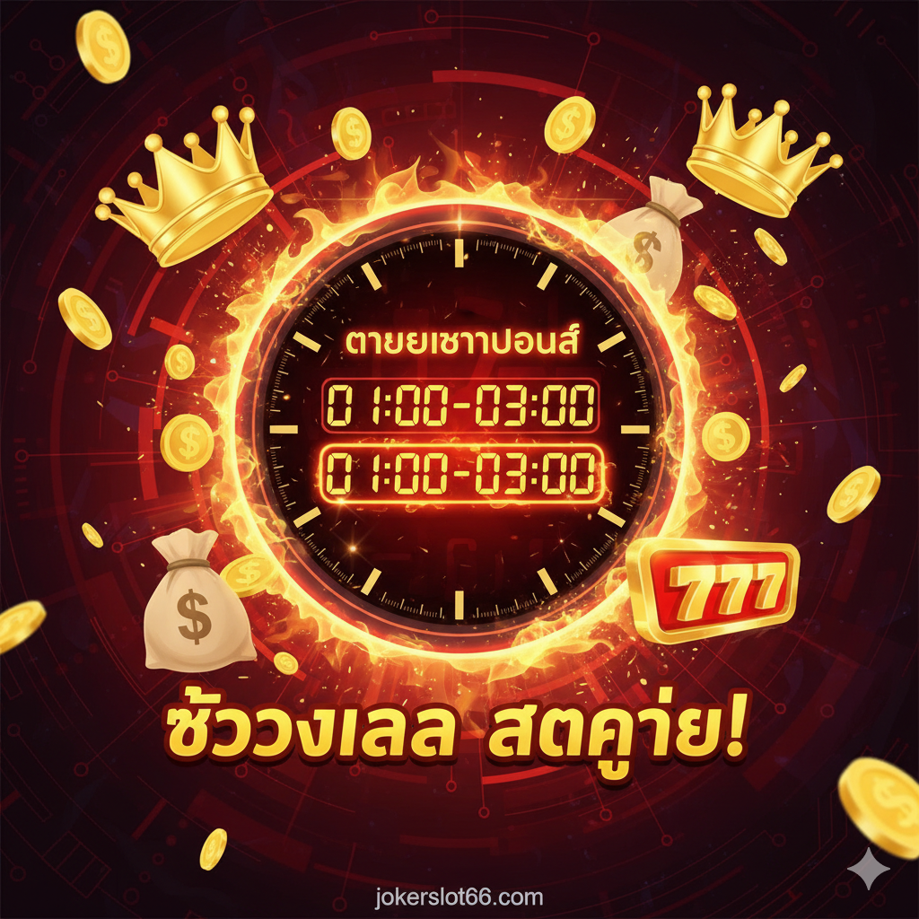 ภาพที่แสดงข้อได้เปรียบเรื่อง 'ตารางเวลาโบนัส' (Bonus Time Table) ใช้กราฟิกนาฬิกาดิจิทัลที่ทันสมัยเป็นศูนย์กลาง ไฮไลท์ช่วงเวลา 'แตกง่าย' (เช่น 01:00-03:00) ด้วยเอฟเฟกต์เปลวไฟหรือแสงสว่างจ้า รอบๆ นาฬิกามีไอคอนของเหรียญทองที่โปรยปราย ถุงเงิน และสัญลักษณ์แจ็คพอต เพื่อสื่อถึงโอกาสในการชนะรางวัลใหญ่ในช่วงเวลาดังกล่าว โทนสีเน้นสีทองและสีแดงเพื่อสร้างความรู้สึกร้อนแรงและโชคดี