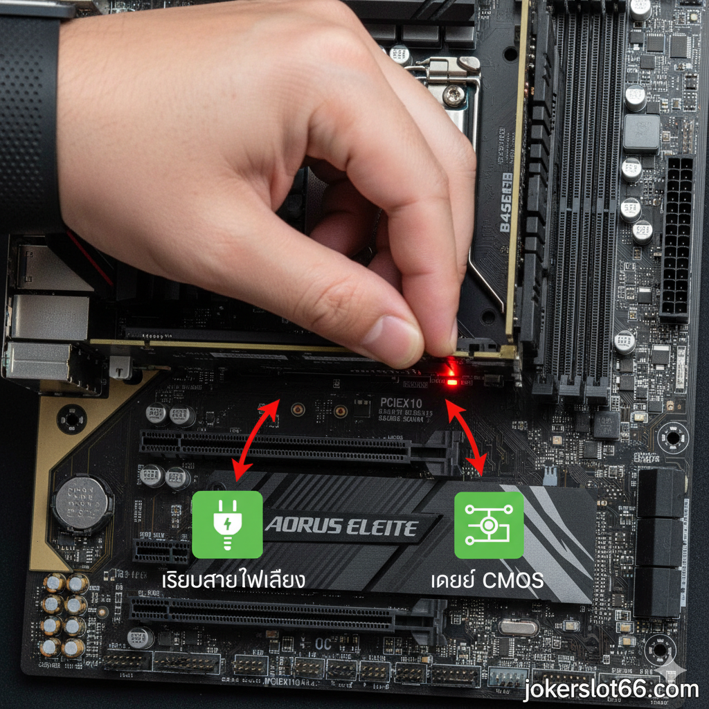 一张描绘正在进行故障排除场景的教程图。画面中央是 B450 AORUS ELITE 主板，一个手部特写（戴着防静电腕带）正在用力按压显卡，确保其完全插入 PCIEX16 插槽，或者正在检查显卡尾部的 VGA LED 灯。同时，用小图标或文字提示旁边的两个关键步骤：เสียบสายไฟเลี้ยง (Power Cable) 和 เคลียร์ CMOS (Reset BIOS)。图片应有流程感，并使用高对比度颜色（红色/绿色）来强调 VGA LED 及其解决方案。