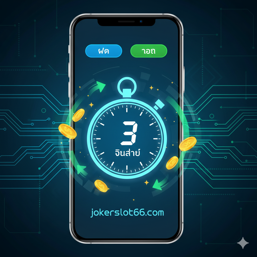 คุณสมบัติเด่นของระบบ, เน้นการแสดง “ฝาก-ถอน ออโต้ 3 วินาที (Auto Deposit-Withdrawal 3 Seconds)”. สไตล์ภาพควรเป็นเทคโนโลยีที่เรียบง่ายและทันสมัย. องค์ประกอบหลักคือหน้าจอโทรศัพท์มือถือที่ชัดเจน (จำลอง UI), แสดงขั้นตอนการทำรายการที่รวดเร็ว, มีปุ่ม “ฝาก (Deposit)” และ “ถอน (Withdraw)”. ใช้ตัวจับเวลาดิจิทัลหรือนาฬิกาจับเวลา (3 วินาที) ที่สะดุดตาเป็นจุดศูนย์กลาง, ข้างๆ มีเหรียญทองหรือลูกศรสีเขียวที่เคลื่อนไหว, สื่อถึงการไหลเข้า/ออกของเงินทุนอย่างรวดเร็ว. ใช้เส้นสายเทคโนโลยีสีน้ำเงินหรือสีเขียวเป็นพื้นหลัง, เน้นความเร็ว, ประสิทธิภาพ, และความเป็นระบบอัตโนมัติ.