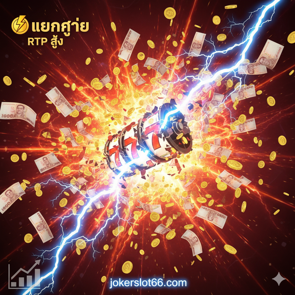 ภาพคุณสมบัติที่เน้น 'แตกง่าย' (รางวัลแตกง่าย) และ 'RTP สูง' (RTP สูง) ภาพควรเต็มไปด้วยความเคลื่อนไหวและการระเบิด ตรงกลางเป็นวงล้อสล็อตที่ถูกฟ้าผ่าหรือระเบิด โดยมีเหรียญทองและธนบัตรไทยจำนวนมากพุ่งออกมา โทนสีใช้สีทอง สีแดงสด และสีฟ้าไฟฟ้า จัดองค์ประกอบแบบทแยงมุมหรือแบบแผ่รัศมีของการระเบิด เพื่อสร้างความประทับใจของการชนะรางวัลใหญ่ในทันที อาจมีแผนภูมิสถิติเล็กๆ อยู่ที่มุมเพื่อสื่อถึง RTP สูง