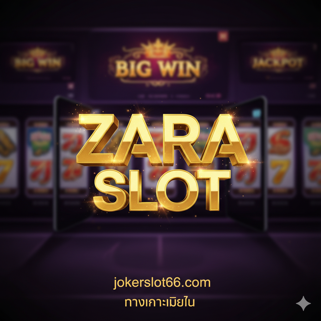 一张高品质ของดิจิทัลอาร์ตสำหรับปกบทความ สไตล์ทันสมัยและหรูหรา องค์ประกอบหลักเป็นโลโก้ 'ZARA SLOT' 3D สีทองขนาดใหญ่ พร้อมแสงเรืองรองและเอฟเฟกต์อนุภาค พื้นหลังเบลอแต่เห็นอินเทอร์เฟซสล็อต jokerslot66.com แสดงคำว่า 'BIG WIN' หรือ 'JACKPOT' โทนสีหลักคือทองคำและม่วงเข้ม/ดำ เน้นความร่ำรวยและลึกลับ จัดองค์ประกอบแบบเน้นศูนย์กลาง เน้นคำหลักและธีมความมั่งคั่งของเกม ภาพควรมีเงาอุปกรณ์มือถือ (เช่น โทรศัพท์หรือแท็บเล็ต) เพื่อสื่อถึง 'ทางเข้ามือถือ'