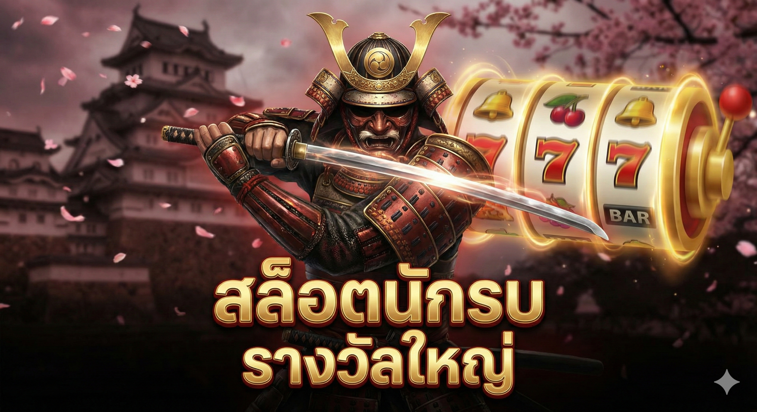 一张极具视觉冲击力的封面图，展示一位穿着精细铠甲的日本武士（Samurai）正在拔出闪耀着寒光的武士刀。背景是朦胧的日本古代城堡和飘落的樱花，融合了现代老虎机（Slot）的旋转滚轮特效。色调以深红、金色和黑色为主，突显战斗的激烈与博彩的金钱诱惑，光影效果具有电影质感，营造出史诗般的战斗氛围。