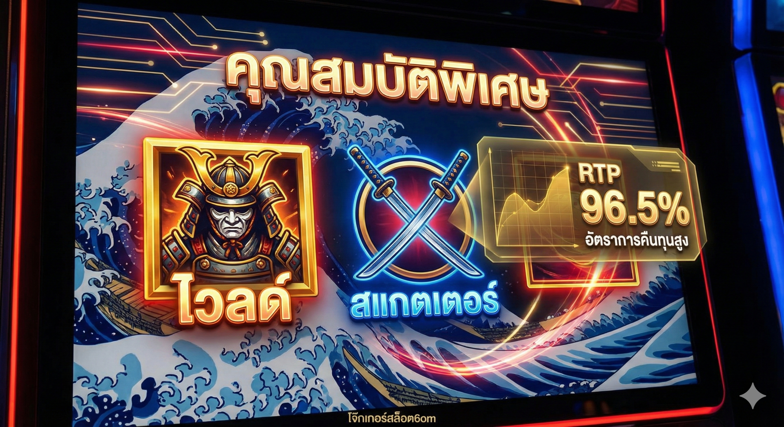 特写展示Bushido Blade老虎机的游戏界面核心元素，重点突出带有‘Wild’字样的武士图标和‘Scatter’字样的双刀图标。画面中浮现出金色的数据全息图，显示‘RTP 96.5%’字样，象征高回报率。背景采用传统的浮世绘海浪纹样与现代霓虹光效结合，展示传统与科技的碰撞，体现游戏的高级功能特性。