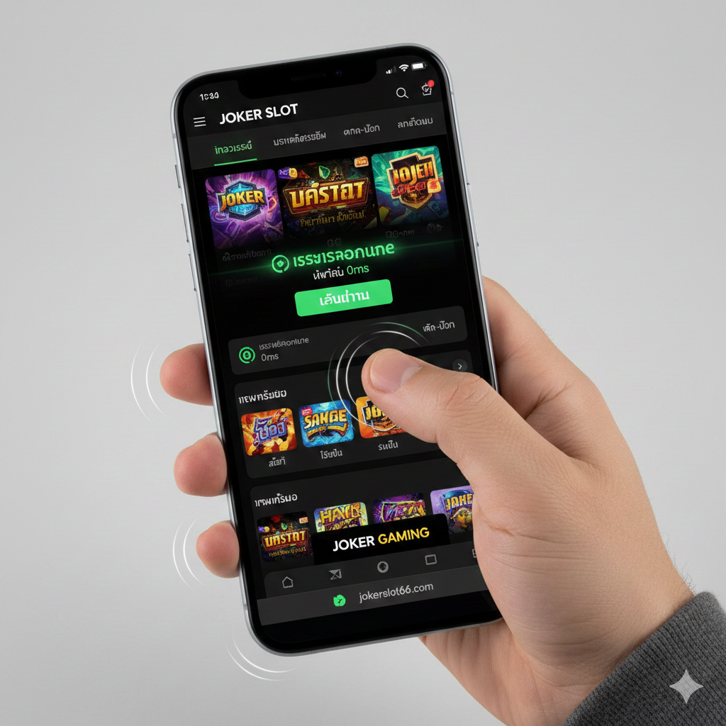 A first-person perspective shot of a hand holding a modern bezel-less smartphone. The screen displays a user-friendly, fast-loading mobile interface of Jokerslot66. A glowing green 'Server Online' indicator and a '0ms Latency' icon are visible, emphasizing speed. The screen shows a 'One-Click Play' button that bypasses complex registration forms. Visual cues like motion lines around the thumb suggest speed and instant responsiveness for the 'High Urgency' user group.