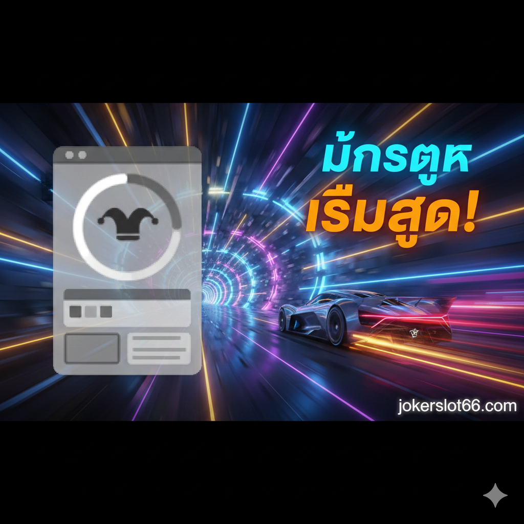 A conceptual split-screen comparison image. On the left (competitor side), a grayed-out, pixelated loading circle represents slow, bloated websites. On the right (Jokerslot66 side), a sleek, high-speed futuristic race car branded with the Joker logo speeds through a neon tunnel, representing the 'Latency-Free' guarantee and direct API connection. Text overlays in Thai style indicate 'No Lag' and 'Super Fast', highlighting the technical superiority over standard demo sites.